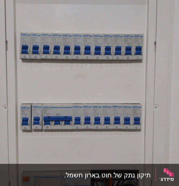 לוח חשמל עם מפסקים וכבלים חשמליים